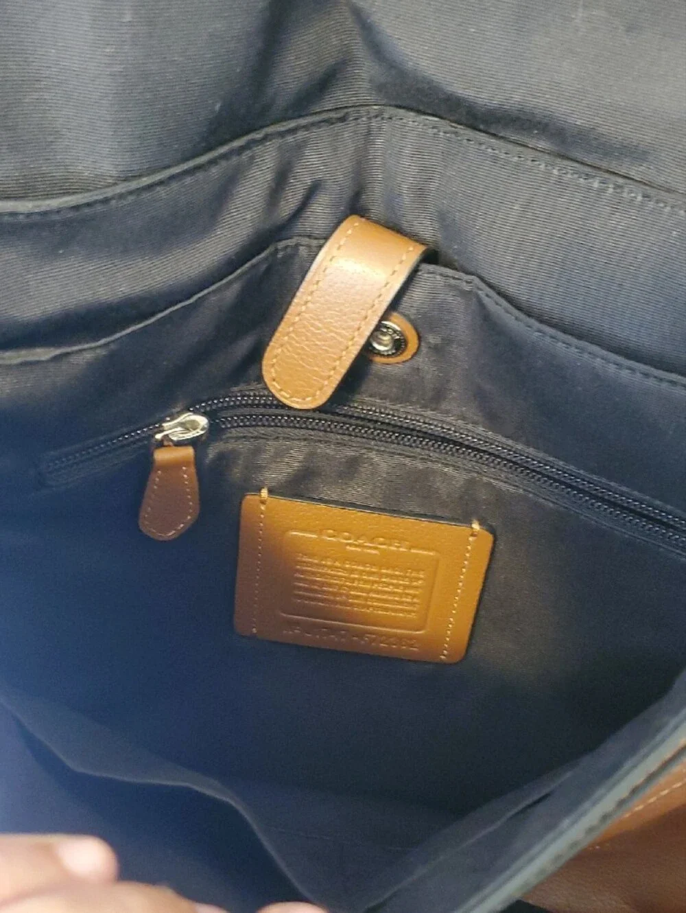 Coach Tan Leather Messenger Bag with Navy & Cream Striped Strap